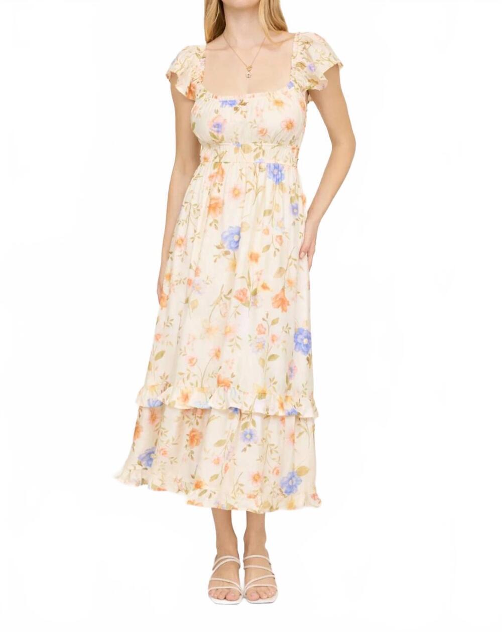 NEW MINE AND E&M floral scoop neck ruffle short sleeve midi dress in beige